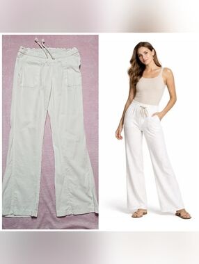Roxy Oceanside Boho Coastal Off White Linen Flared Beach Pants Size Small 28x29